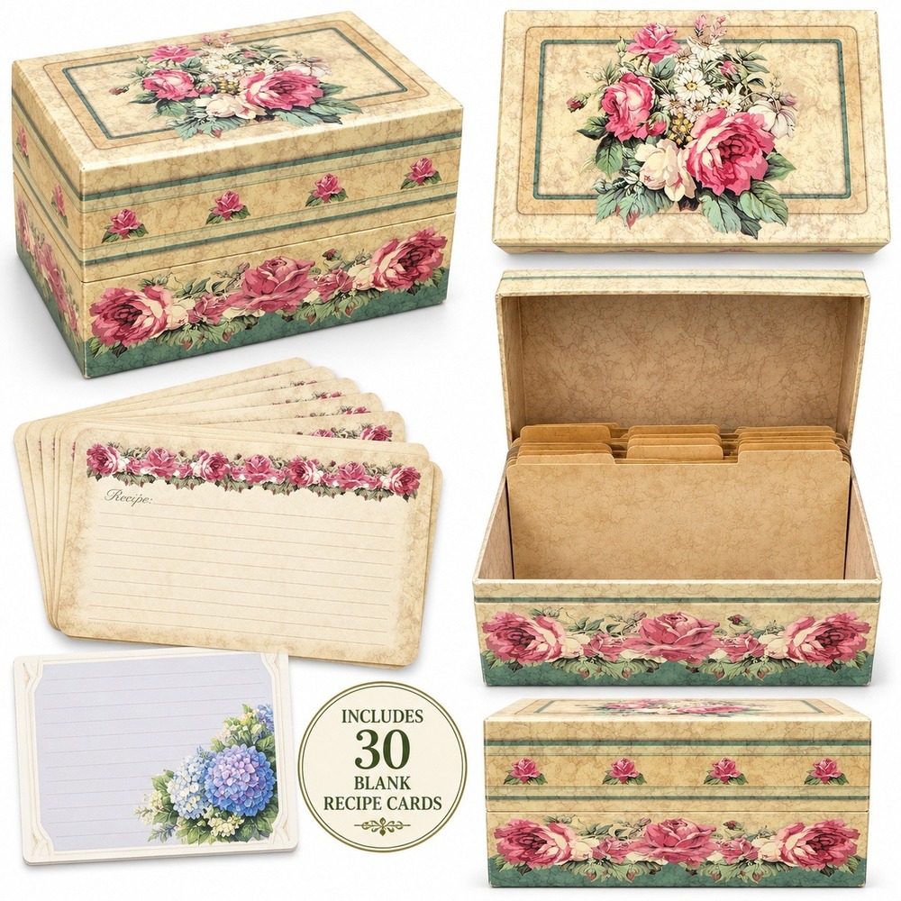 Vintage Victorian Rose Floral Recipe Box w/30 Blank Recipe Cards Dividers